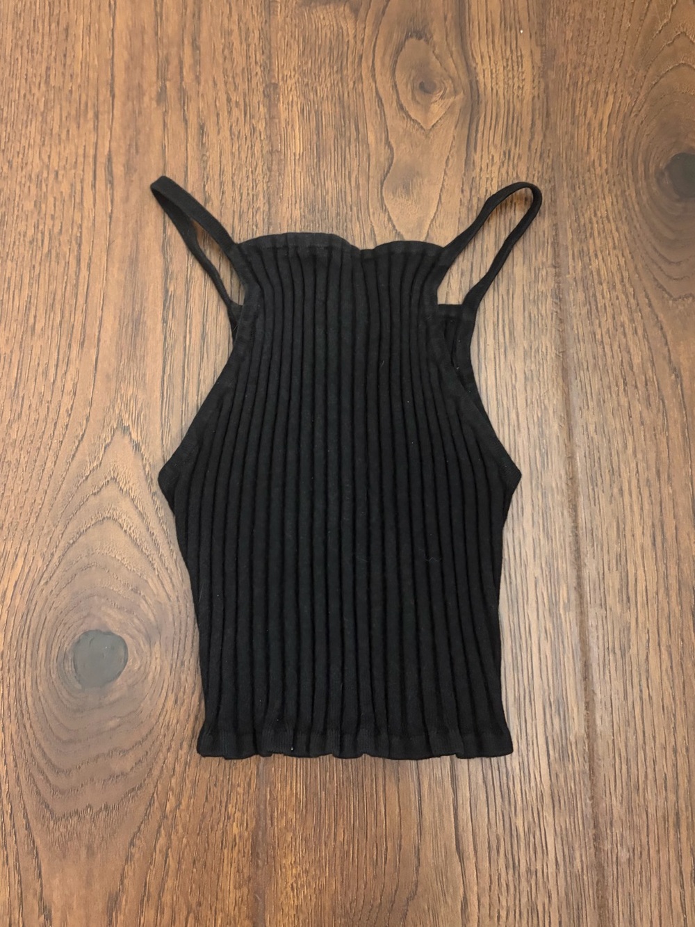 Ribbed Knit Black Spaghetti-Strap Halter Tank Top